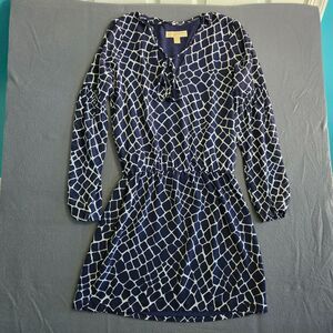 Michael Kors Women XS Leopard Navy White Drop Waist Tassel Tie Blouson Dress